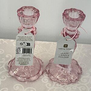 Pink Glass Talking Tables‎ Candle Holders 5.5" Tall Set/2